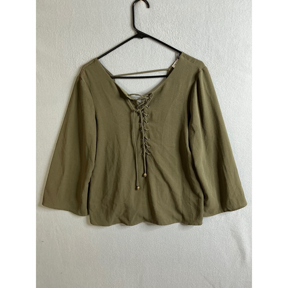 Miley + Molly Top Women's Large Bell Sleeve Top Lace Up Blouse Casual